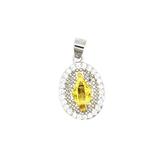 White gold plated miraculous medal pendant with yellow gold plated Madonna on dotted base in 925 silver yellow gold plated frame