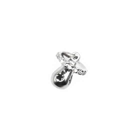 Ciondolo ciuccio con traforo bimbi e rigo zirconato bianco placcato oro bianco in argento 925