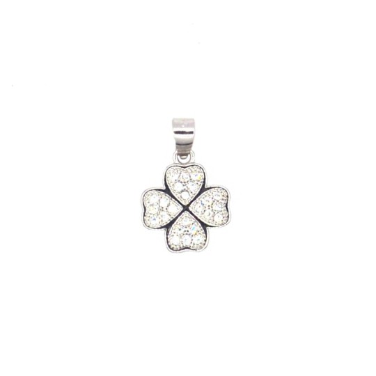 Four-leaf clover pendant with pavé of white zircons, white gold plated in 925 silver
