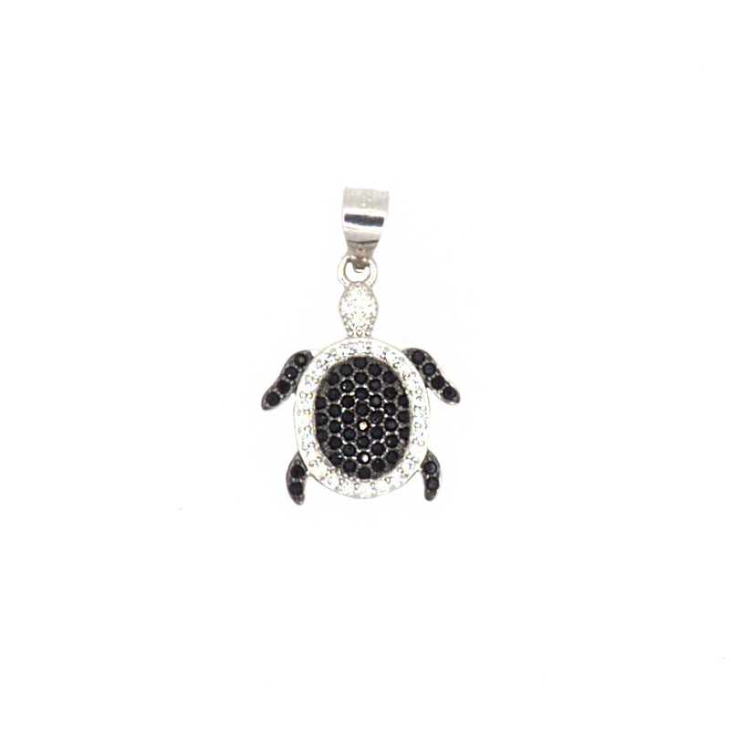 Turtle pendant with black and white zircons white gold plated in 925 silver