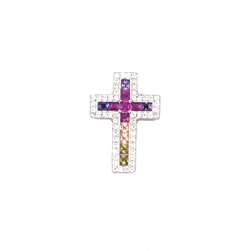 Cross pendant of multicolor carré cut zircons in a frame of white zircons with white gold plated loop in 925 silver