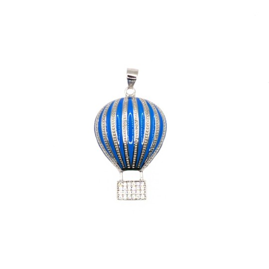 Ciondolo mongolfiera con base di zirconi bianchi e pallone bombato e rigato smaltato azzurro placcato oro bianco in argento925