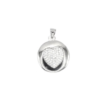 Round photo pendant with pavé heart of white zircons white gold plated in 925 silver
