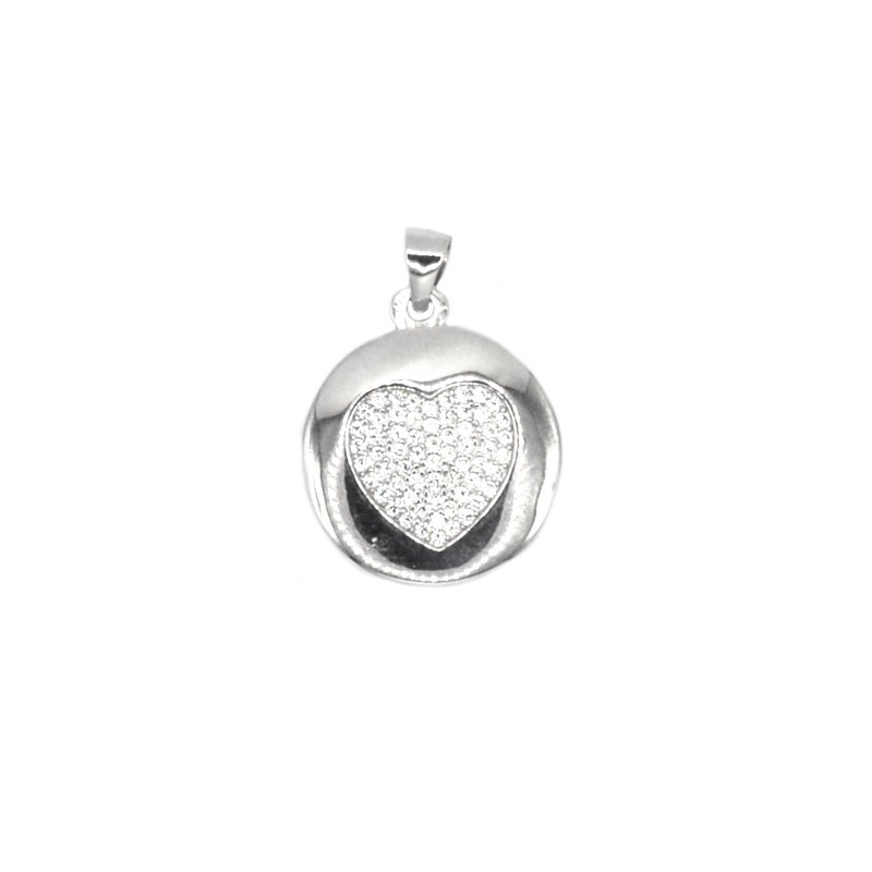 Round photo pendant with pavé heart of white zircons white gold plated in 925 silver