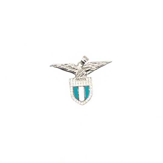 White and blue enamelled shield pendant in a frame of white zircons with engraved eagle, white gold plated in 925 silver