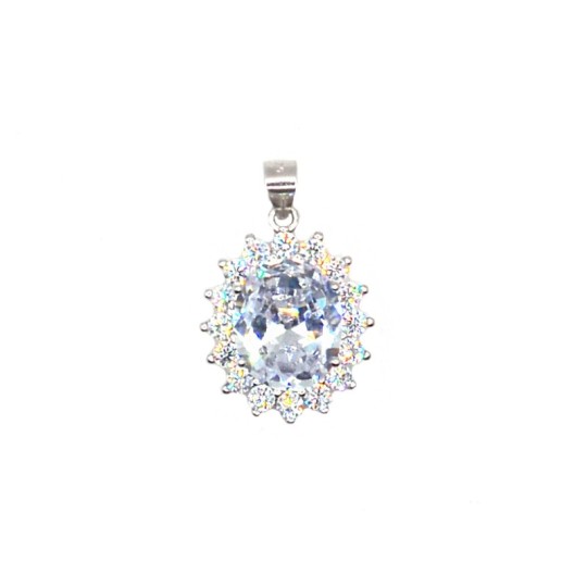 Ciondolo da 17x15mm con zircone ovale bianco in cornice di zirconi bianchi placcato oro bianco in argento925