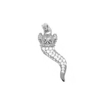 Pavé horn pendant of white zircons with dotted crown and white zircon mesh in white gold plated in 925 silver