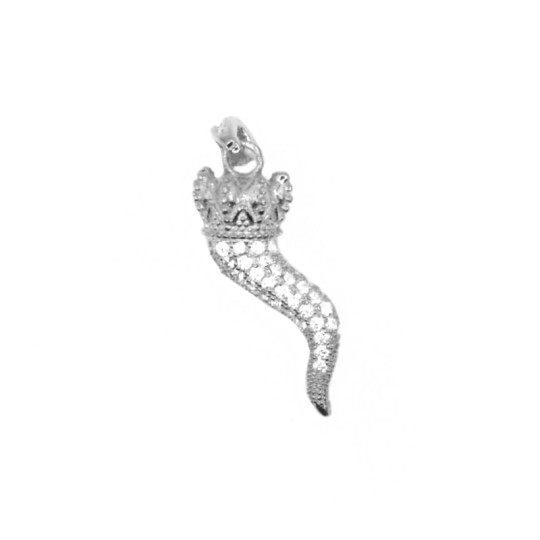 Pavé horn pendant of white zircons with dotted crown and white zircon mesh in white gold plated in 925 silver