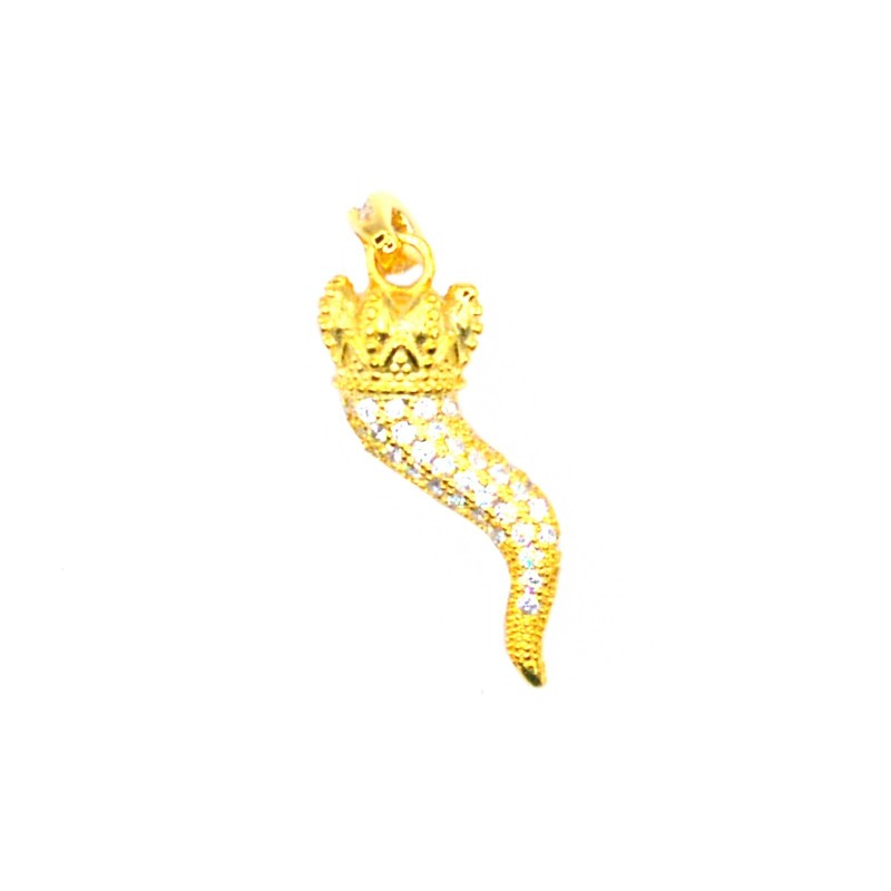 Pavé horn pendant of white zircons with dotted crown and counter link of white zircons yellow gold plated in 925 silver