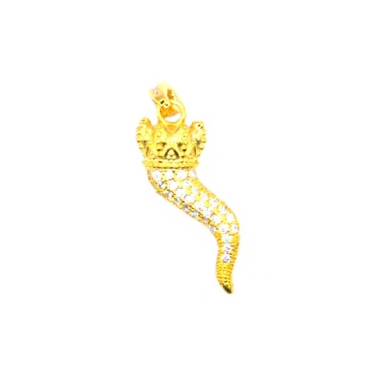 Pavé horn pendant of white zircons with dotted crown and counter link of white zircons yellow gold plated in 925 silver