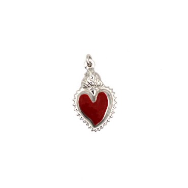 Paired sacred heart pendant engraved and enamelled bordeaux white gold plated in 925 silver