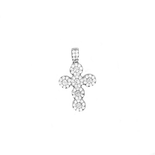 White gold plated cross pendant with round zircons and fixed zirconia counter-link in 925 silver