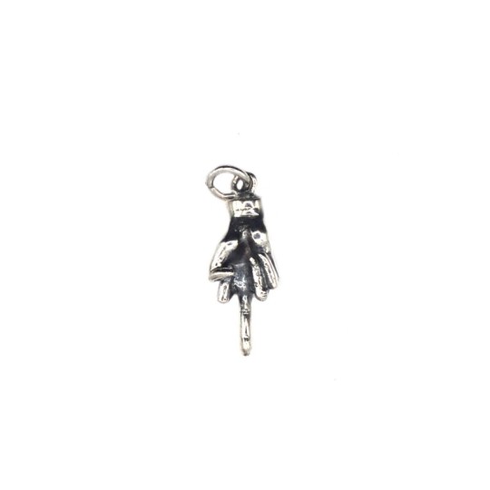Ciondolo microfuso mano con dito medio alzato placcato oro bianco in argento 925