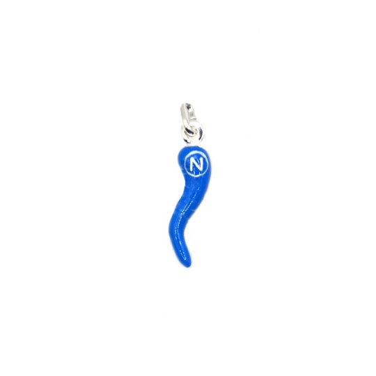 Blue enamelled horn with white gold plated shield in 925 silver