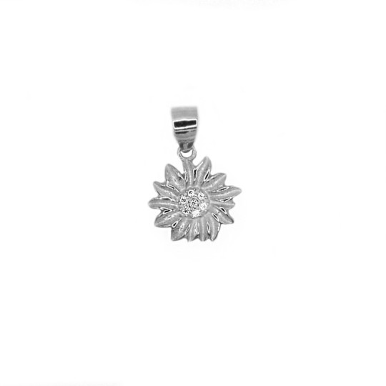 Ciondolo fiore con petali incisi e centrale zirconato bianco placcato oro bianco in argento 925