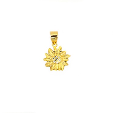 Flower pendant with engraved petals and white zircon central yellow gold plated in 925 silver