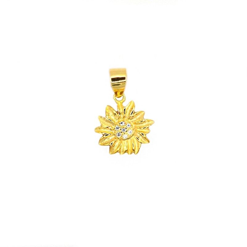 Flower pendant with engraved petals and white zircon central yellow gold plated in 925 silver