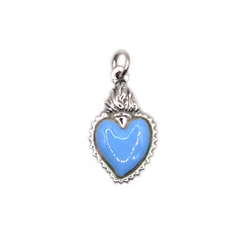 Paired sacred heart pendant light blue enamelled white gold plated in 925 silver