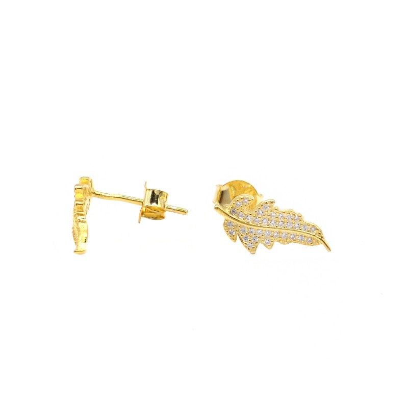 Leaf stud earrings with white zirconia and push-on attachment plated in yellow gold in 925 silver