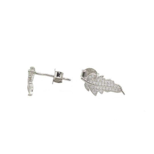 Leaf stud earrings with white zirconia and push-on attachment plated in white gold in 925 silver