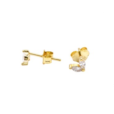 2 Petal Cubic Zirconia Spool Stud Earrings Yellow Gold Plated in 925 Silver