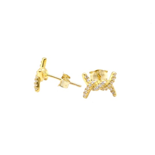 925 Silver Yellow Gold Plated White Zirconia Pavé Double Knot Stud Earrings