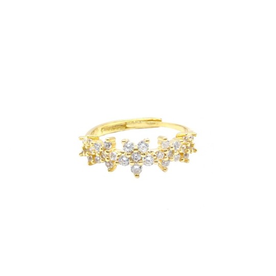 Adjustable ring with white zirconia flowers plated in yellow gold in 925 silver