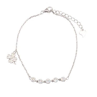 Forzatina mesh bracelet with central zirconia onion with lateral cloverleaf white zirconia plated in white gold in 926 silver