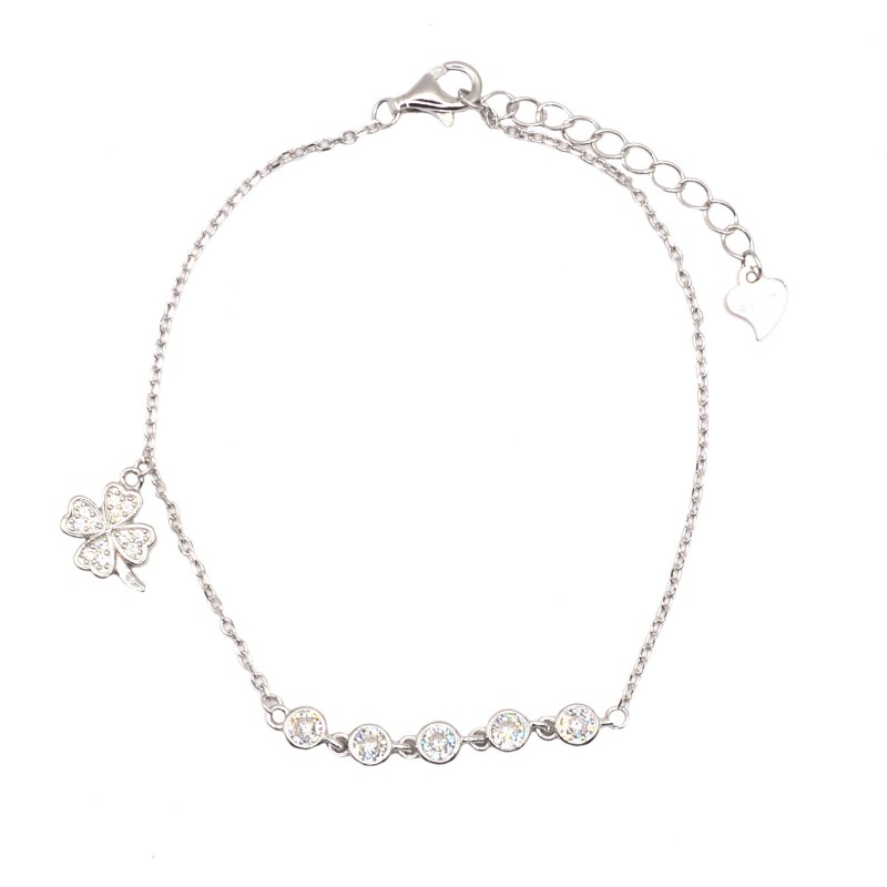 Bracciale maglia forzatina con centrale zirconi a cipollina con quadrifoglio laterale zirconato bianco placcato oro bianco in ar