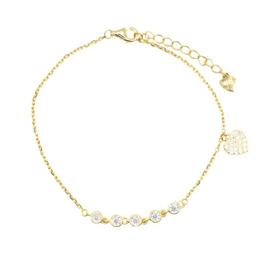Bracciale maglia forzatina con centrale zirconi a cipollina con cuore laterale zirconato bianco placcato oro giallo in argento 9