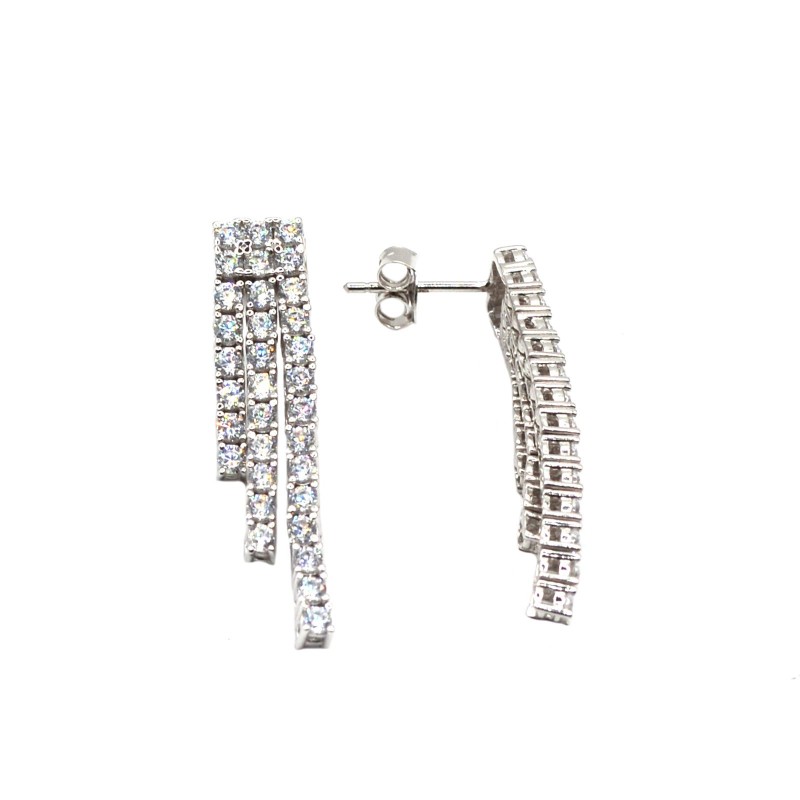 925 Silver White Gold Plated 2mm White Zirconia Three Row Drop Earrings