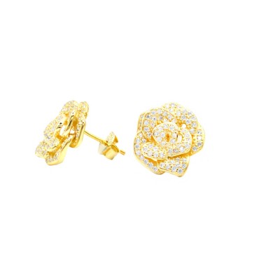 White zirconia pavé flower stud earrings with yellow gold plated snap attachment in 925 silver