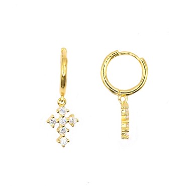 Hoop earrings with white zirconia, snap closure and pendant cross with white zirconia pavé plated in yellow gold in 925 silver