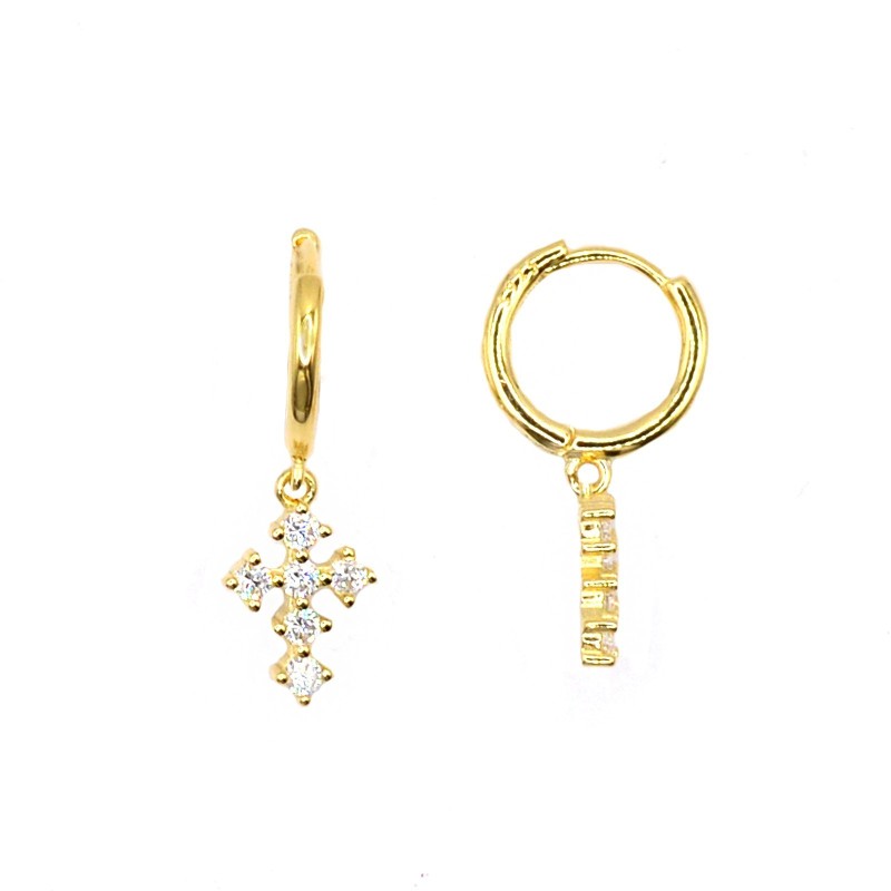 Hoop earrings with white zirconia, snap closure and pendant cross with white zirconia pavé plated in yellow gold in 925 silver