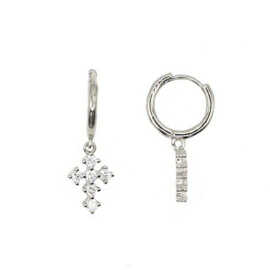 Hoop earrings with white zirconia, snap closure and pendant cross with white zirconia pavé plated in yellow gold in 925 silver