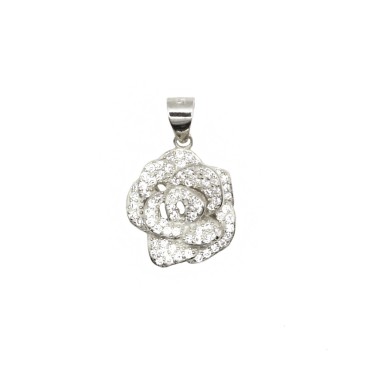 White zirconia camellia pendant white gold plated in 925 silver
