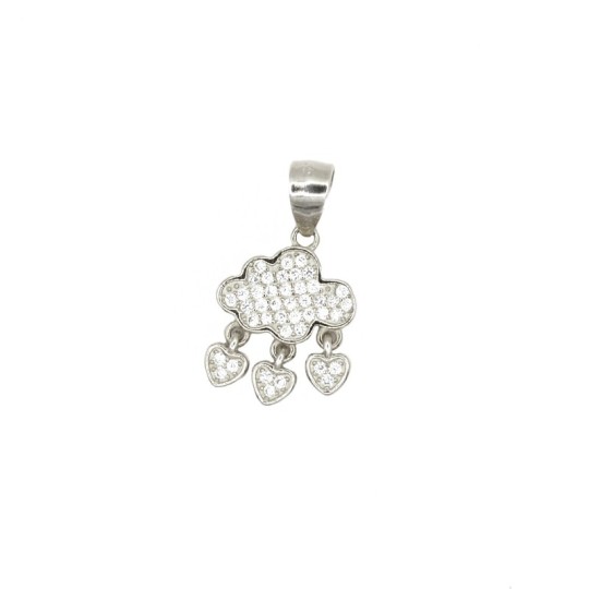 White zirconia pavé cloud pendant with white zirconia pendant hearts in white gold plated 925 silver