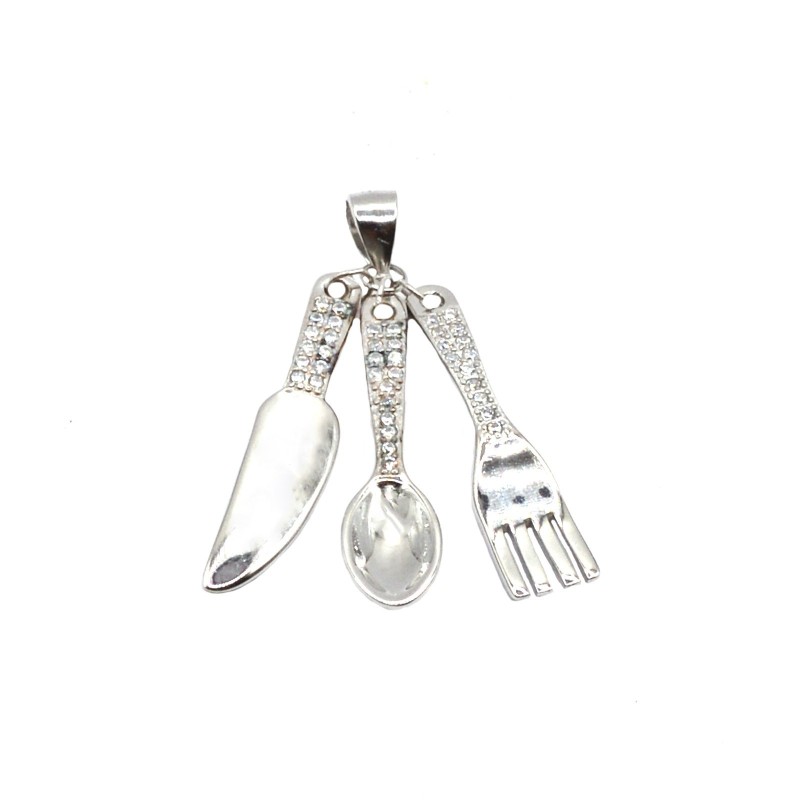 Pendant with white semi-zircon fork spoon and knife pendants and perforated four-leaf clover plated in white gold in 925 silver