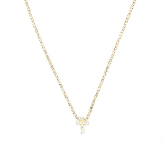 Collana tennis di zirconi bianchi con croce centrale di zircone bianco in cornice di zirconi bianchi placcata oro giallo in arge
