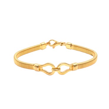 Semi-rigid bracelet with flat gas tube mesh and shiny central hook plated in yellow gold in 925 silver