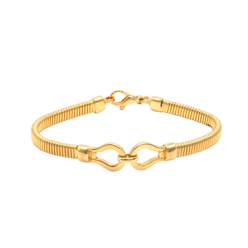 Bracciale semirigido maglia tubo gas piatta con gancio centrale lucido placcato oro giallo in argento 925