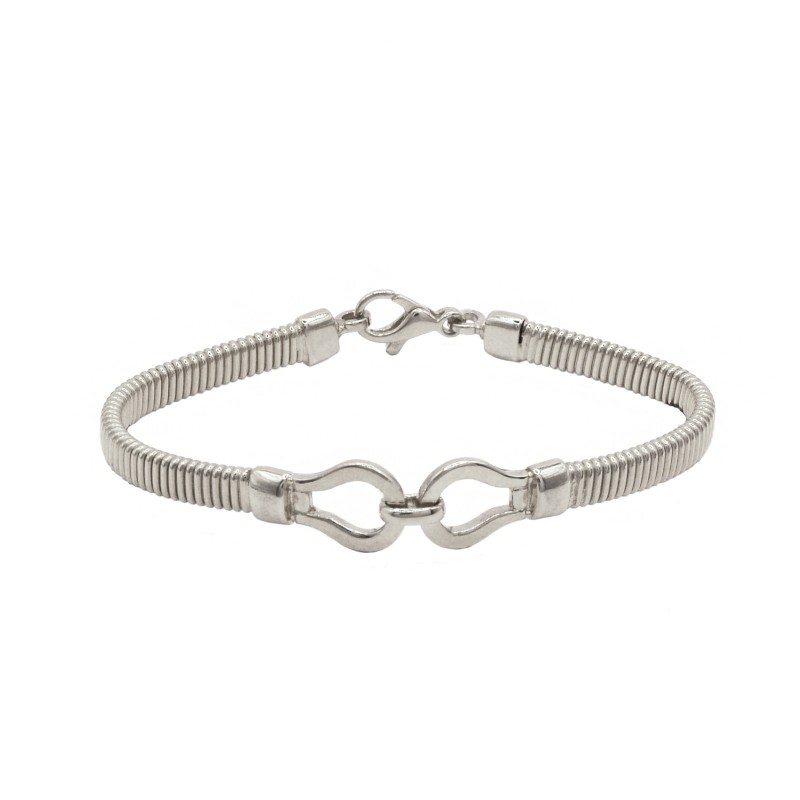 Semi-rigid bracelet with flat gas tube mesh and shiny central hook plated in white gold in 925 silver