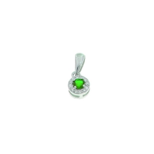 Green light point pendant on white gold plated base with white zircon frame in 925 silver