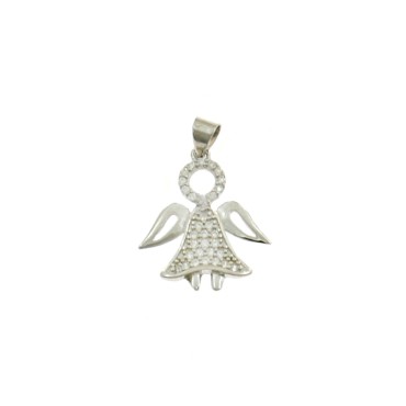 White gold-plated semi-zirconia pierced angel pendant in 925 silver