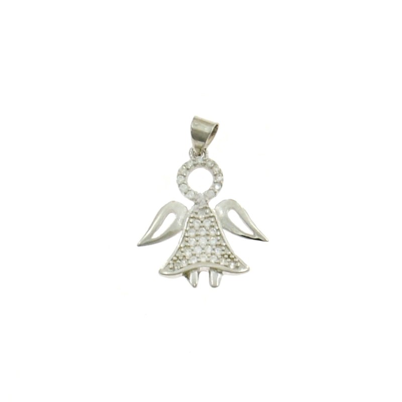 White gold-plated semi-zirconia pierced angel pendant in 925 silver
