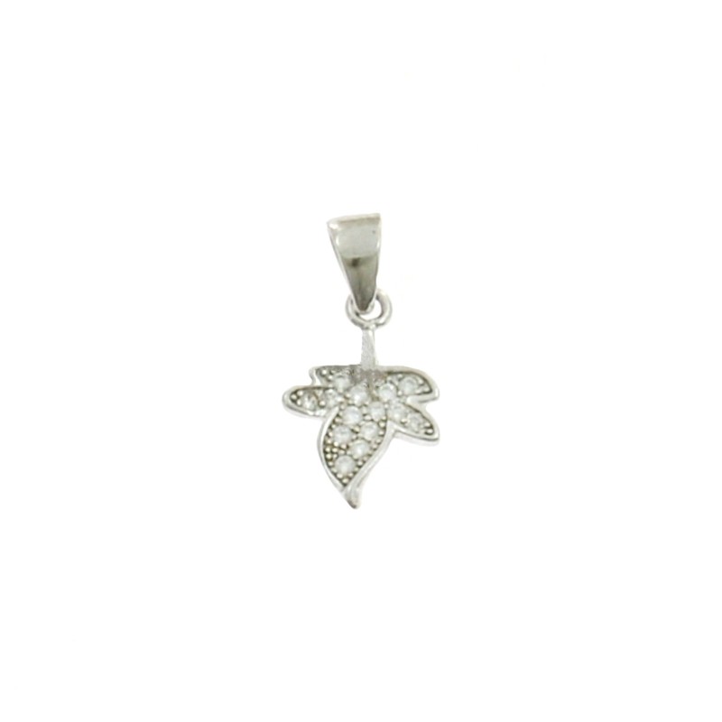 White gold-plated white zircon pavé leaf pendant in 925 silver
