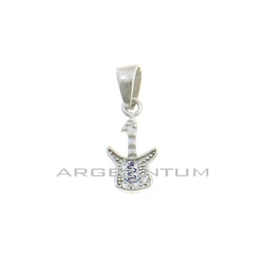 Ciondolo chitarra semizirconata bianca con manico inciso placcato oro bianco in argento 925