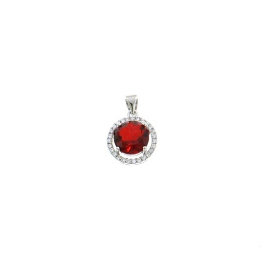 Ciondolo zircone tondo rosso ø 11,5 mm su base placcata oro bianco con cornice di zirconi bianchi a griffe in argento 925