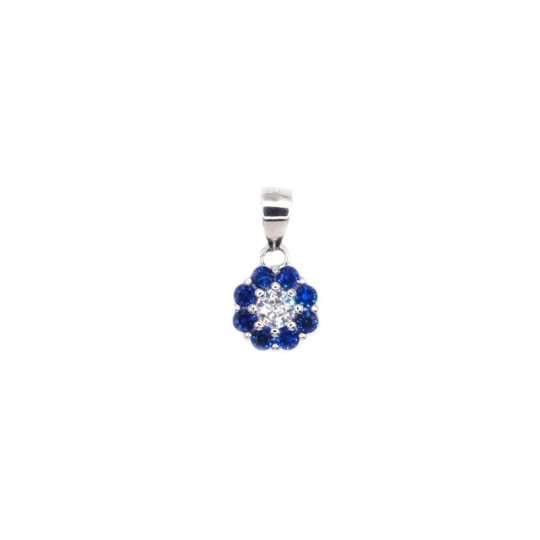Ciondolo fiore con zirconi blu e puntoluce centrale bianco placcato oro bianco in argento 925