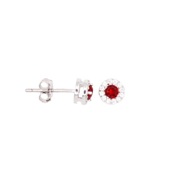 Orecchini a lobo con zircone centrale rosso in cornice di zirconi bianchi placcati oro bianco in argento 925